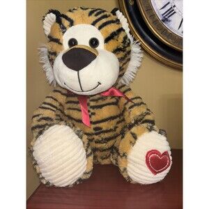 Hug Fun Tiger Plush Stuffed Animal Brown Black Stripes Red Bow Valentines Heart